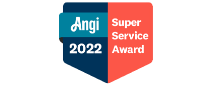 Angi 2022 Super Service Award badge, featuring a blue and orange shield design with white text, proudly earned by NVB Contracting.
