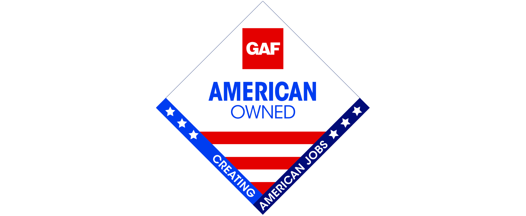 Logo with “GAF” in red, “American Owned” in blue text, and “Creating American Jobs” on a blue banner with stars and stripes, resembling a diamond-shaped badge—representing NVB Contracting’s commitment to quality.