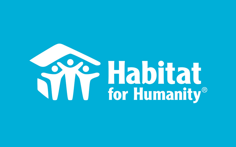 Habitat for Humanity logo featuring three white figures under a roof symbol, with the organization's name in white text on a blue background, representing support from partners like NVB Contracting.