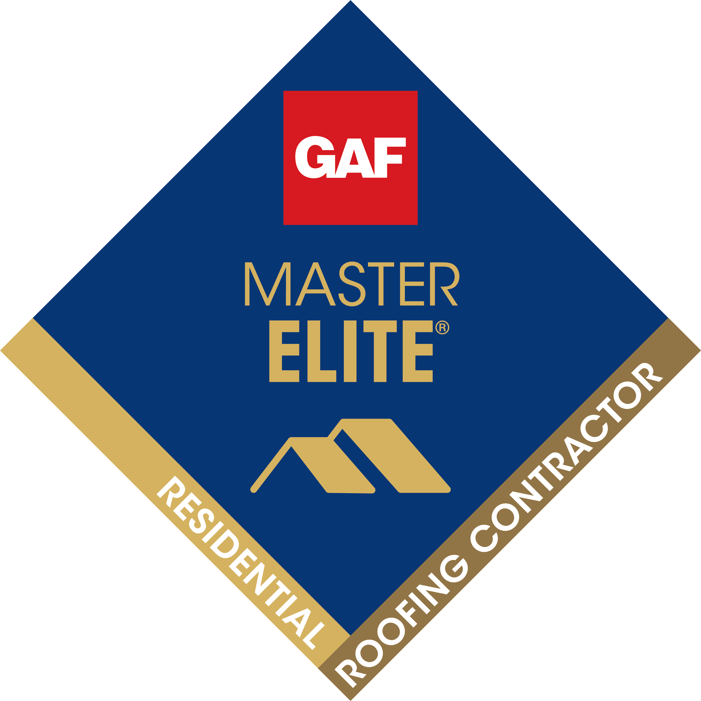 A blue and gold diamond-shaped badge with the GAF logo, "Master Elite," and NVB Contracting featured as a "Residential Roofing Contractor" along the border.