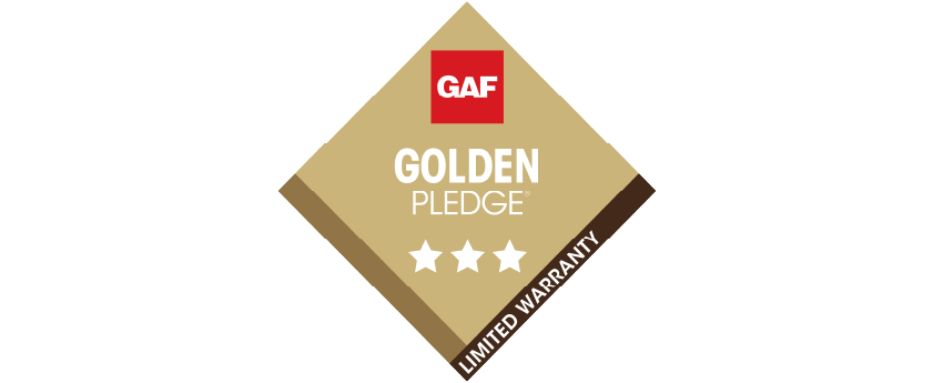 Logo displaying "GAF Golden Pledge" with three white stars and the text "Limited Warranty" on a gold diamond background, representing NVB Contracting’s commitment to quality and reliability.