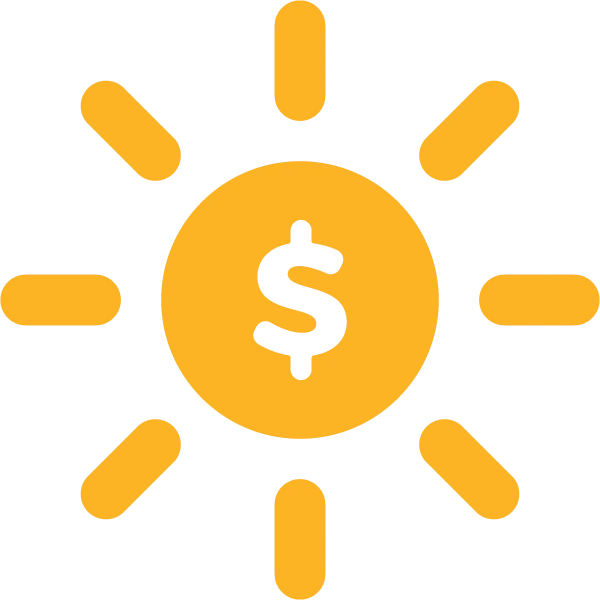 Yellow icon of a dollar sign inside of a sun icon.