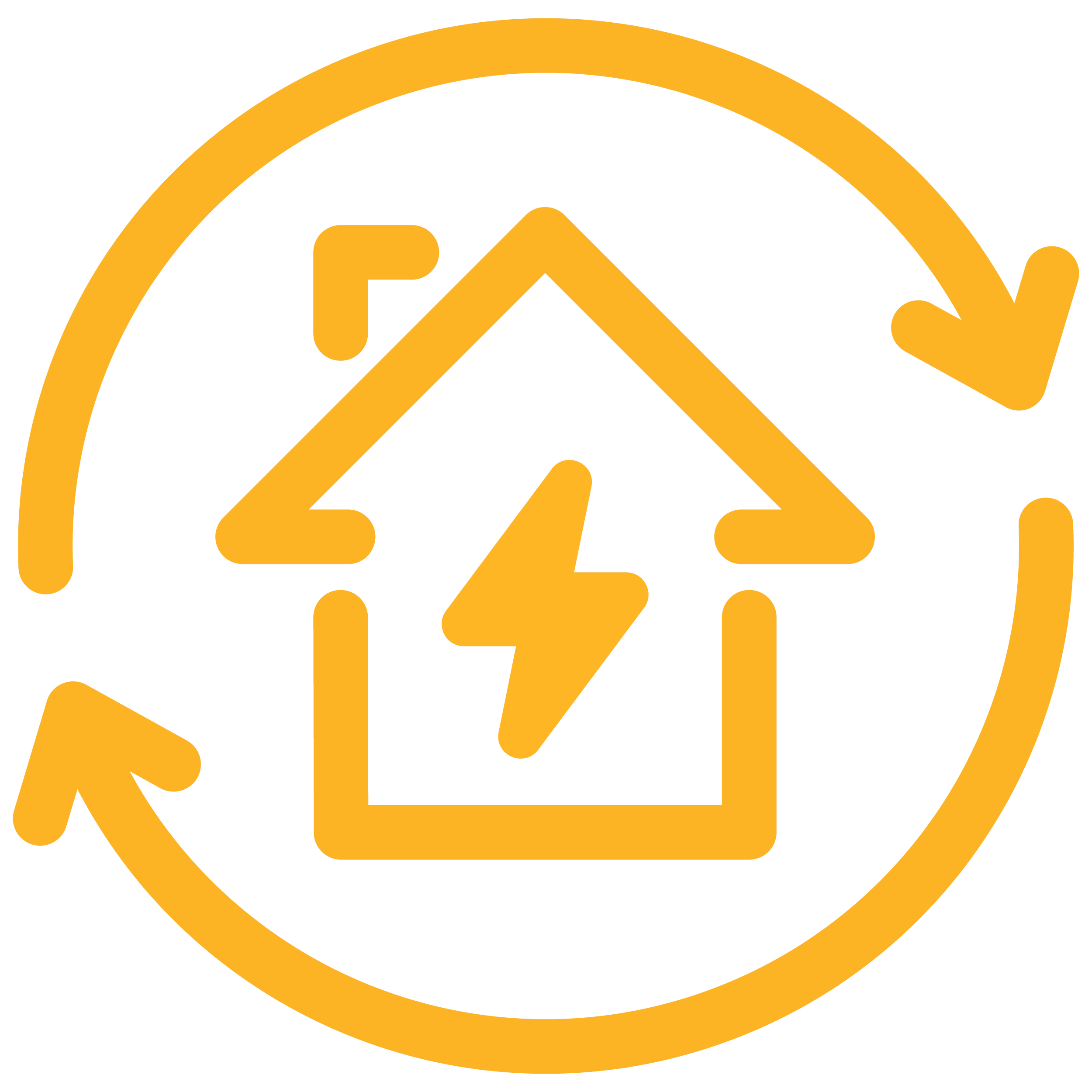 Yellow house line art icon with a lightning symbol inside.