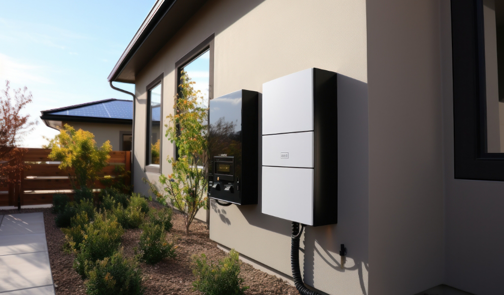 Energy storage on the side of a modern home.