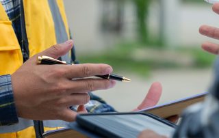 two roofers discuss roofing insurance documents after inspecting a home