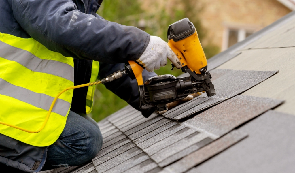 A professional roofer installing new shingles on a residential roof.