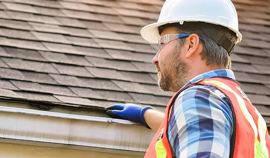 A construction worker wearing a hard hat, safety vest, and gloves inspects the edge of a roof with brown shingles—a scene typical for a Roofing Contractor in Winchester.