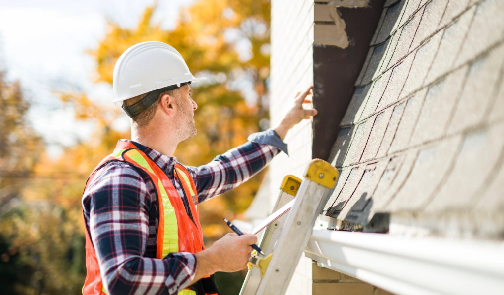 A roofer in a hard hat and safety vest inspects a home's roof.