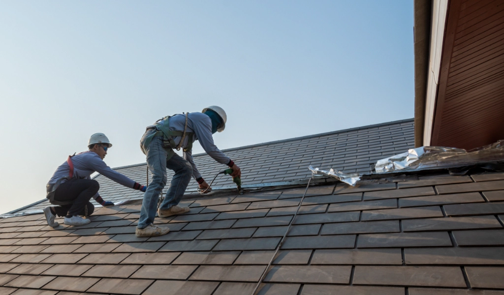 Two roofers on a residential roof.